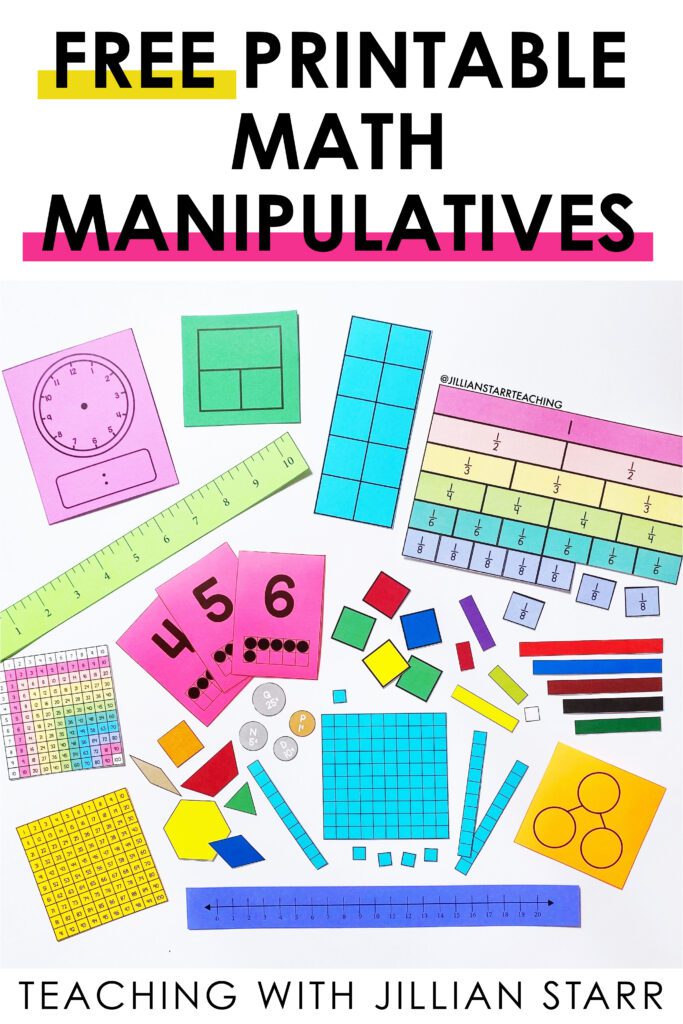 Free Printable Math Manipulatives to support remote teaching and distance learning, as well as providing students with independent math materials, since in most cases, students will not be able to share communal supplies. (base ten blocks, fraction bars, number bonds, ten frames, playing cards, 1 inch square tiles, 1-10 color rods, number lines, hundreds charts, multiplication charts, lank clocks, pattern blocks...etc.