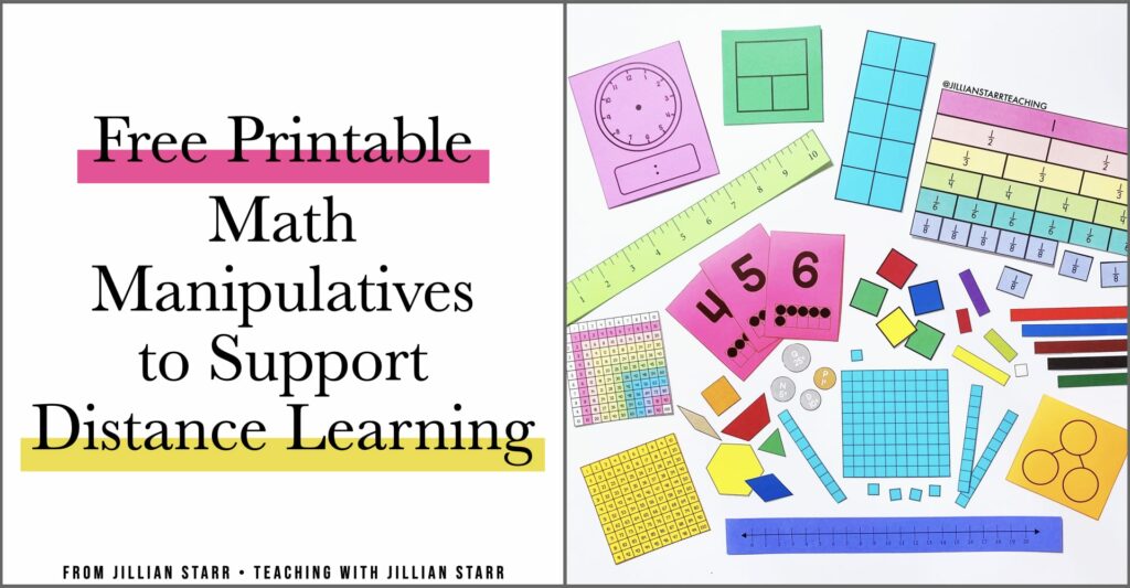 Free Printable Math Manipulatives to support remote teaching and distance learning, as well as providing students with independent math materials, since in most cases, students will not be able to share communal supplies. (base ten blocks, fraction bars, number bonds, ten frames, playing cards, 1 inch square tiles, 1-10 color rods, number lines, hundreds charts, multiplication charts, lank clocks, pattern blocks...etc.