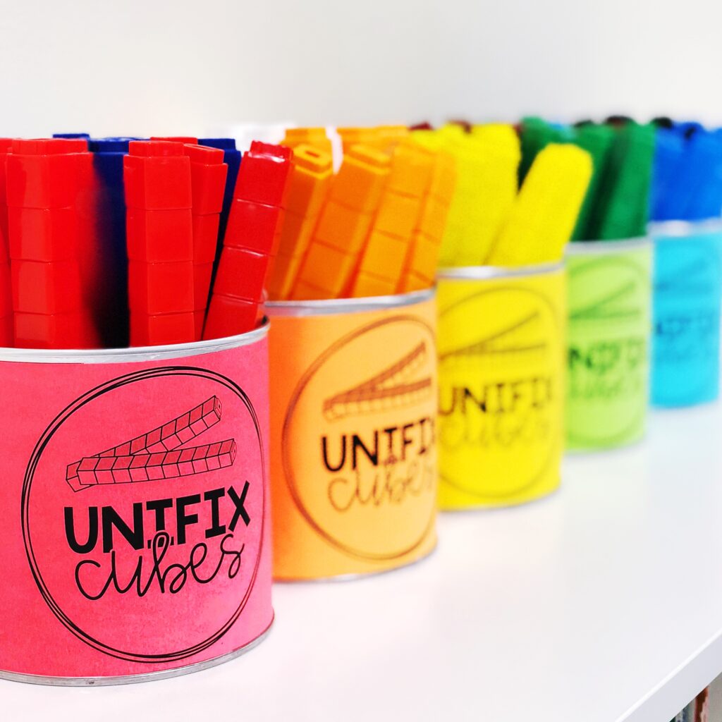 math manipulative storage: unifix cubes in sticks of ten