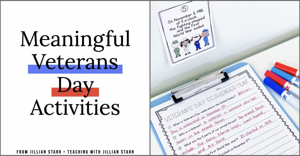 Veterans Day Activities for kids! These activities engage students in learning about Veterans Day through a fun fact scavenger hunt! After learning all about veterans and the holiday, this blog post shares tons of other fun activities and printables for your first, second and third grade students.