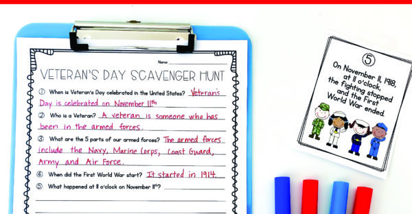 Veterans Day Activities for kids! These activities engage students in learning about Veterans Day through a fun fact scavenger hunt! After learning all about veterans and the holiday, this blog post shares tons of other fun activities and printables for your first, second and third grade students.