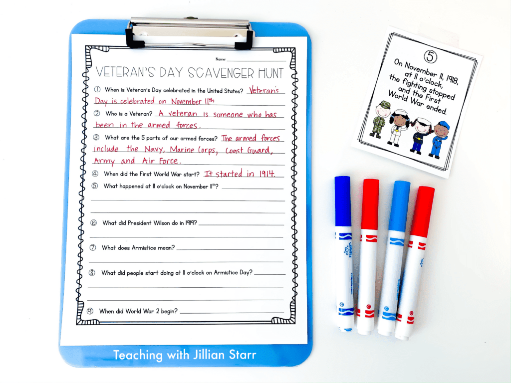 Veterans Day Activities for kids! These activities engage students in learning about Veterans Day through a fun fact scavenger hunt! After learning all about veterans and the holiday, this blog post shares tons of other fun activities and printables for your first, second and third grade students.