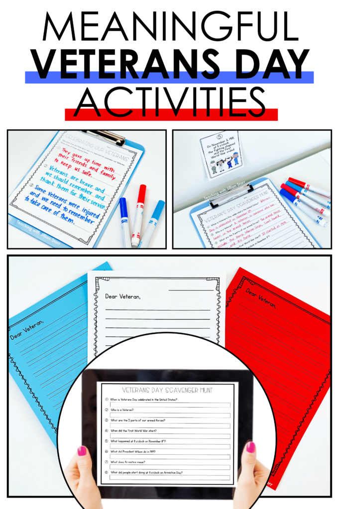 Veterans Day Activities for kids! These activities engage students in learning about Veterans Day through a fun fact scavenger hunt! After learning all about veterans and the holiday, this blog post shares tons of other fun activities and printables for your first, second and third grade students.