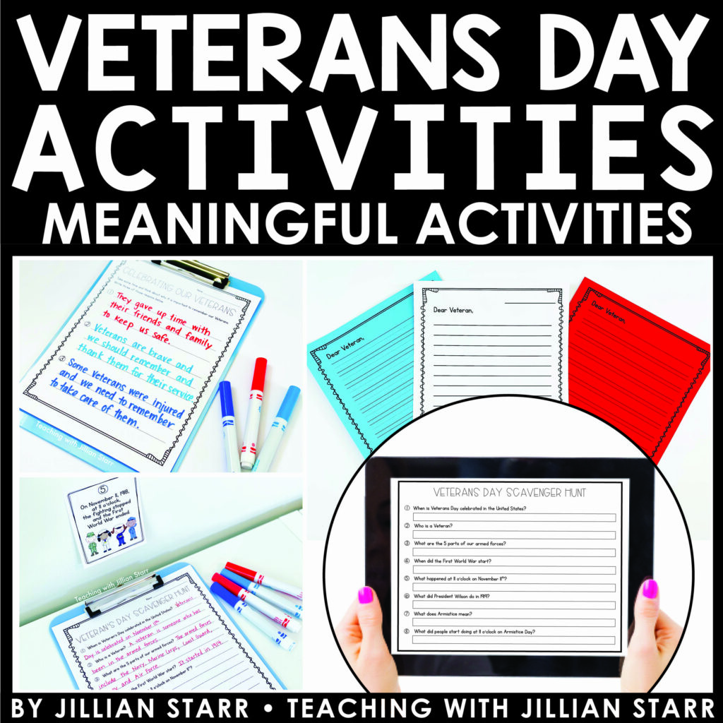 Veterans Day Activities for kids! These activities engage students in learning about Veterans Day through a fun fact scavenger hunt! After learning all about veterans and the holiday, this blog post shares tons of other fun activities and printables for your first, second and third grade students.