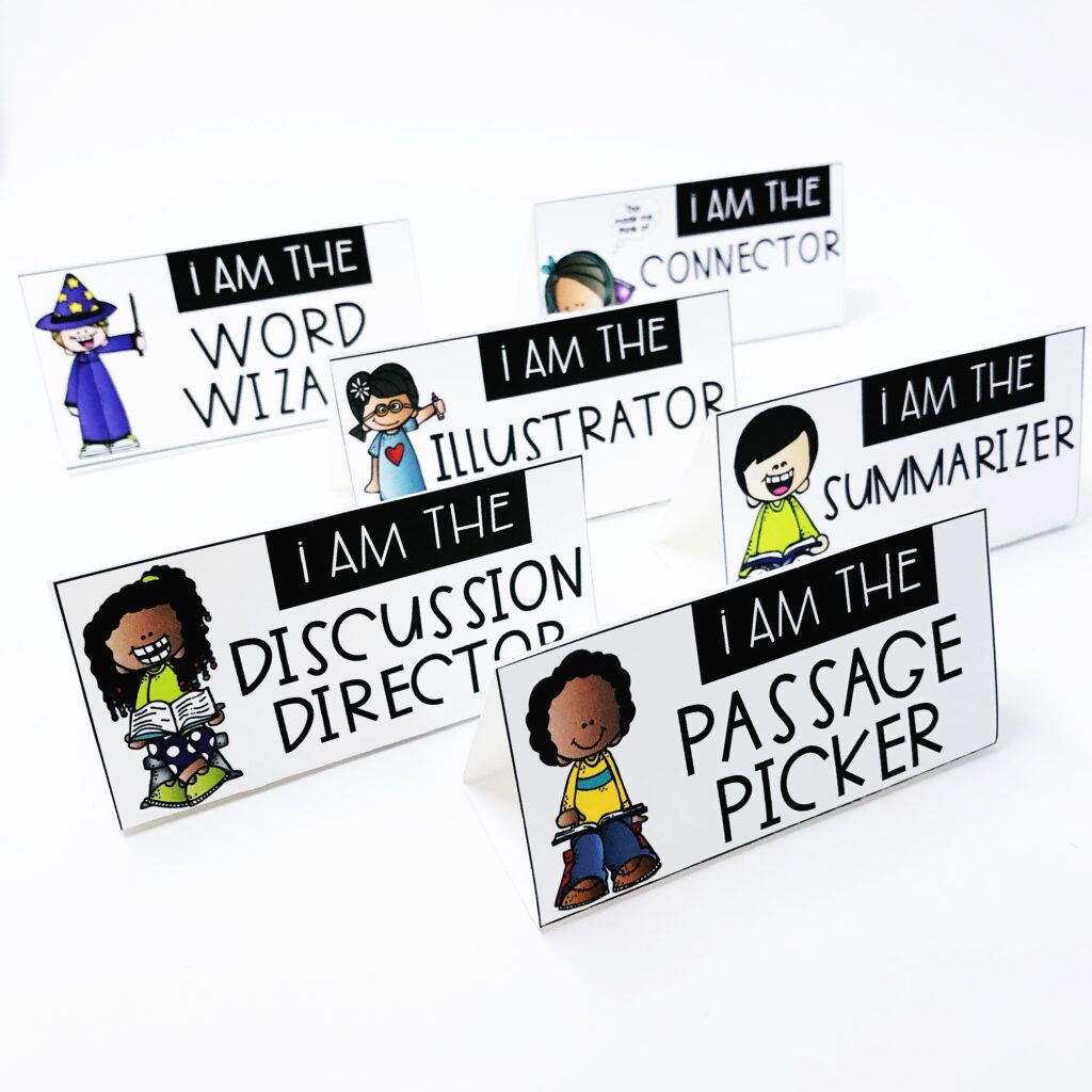 Literature Circle Role Table Tents for teaching book clubs with young students in the classroom.