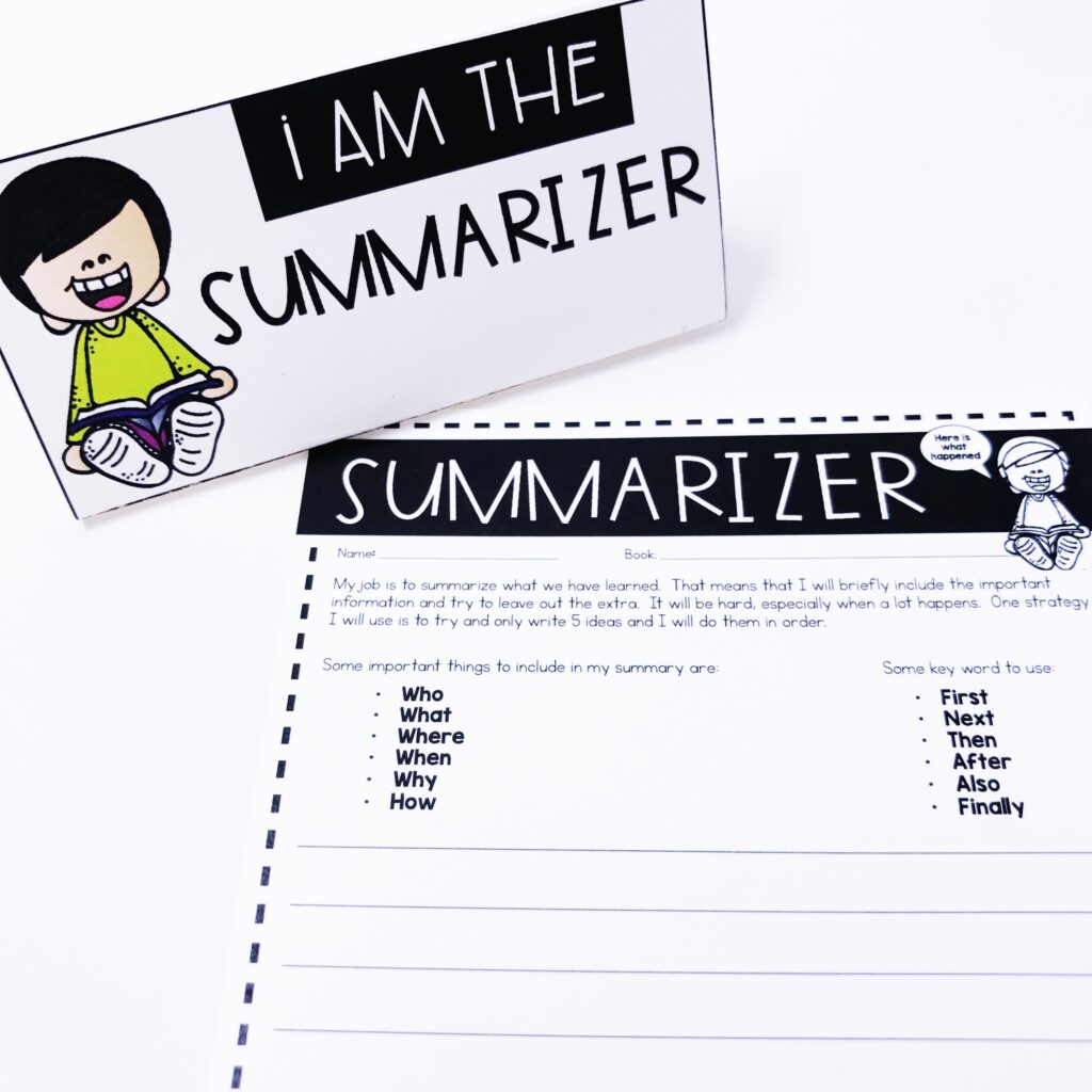 Summarizer: Literature Circle Role Worksheet for teaching book clubs with young students in the classroom.