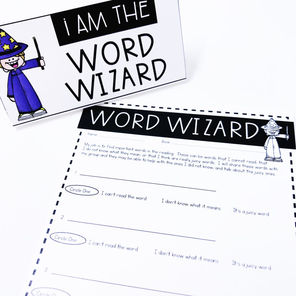 Word Wizard: Literature Circle Role Worksheet for teaching book clubs with young students in the classroom.