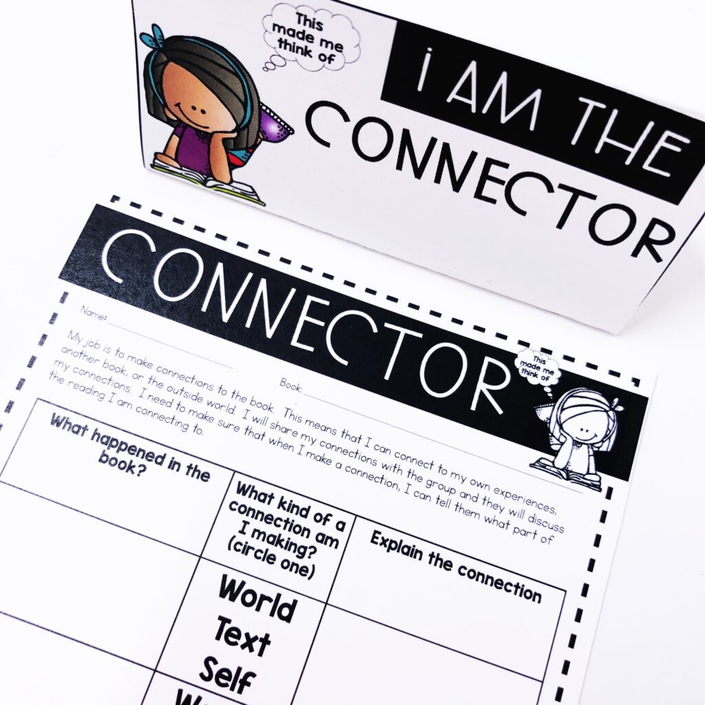 Connector: Literature Circle Role Worksheet for teaching book clubs with young students in the classroom.