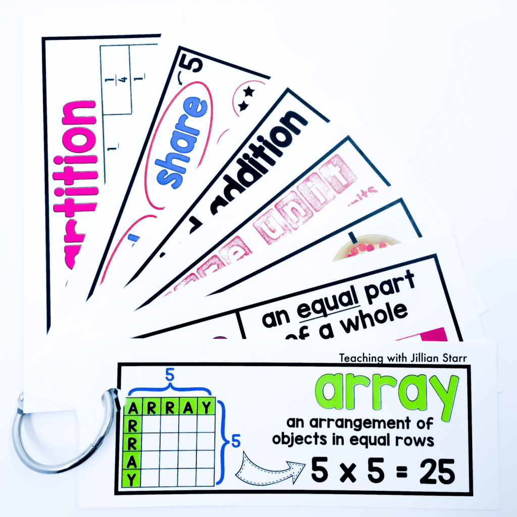 Math Word Wall cards made into personal word wall rings for students to use as individual reference tools in the classroom. This set highlights fractions and array terms for math word wall cards.