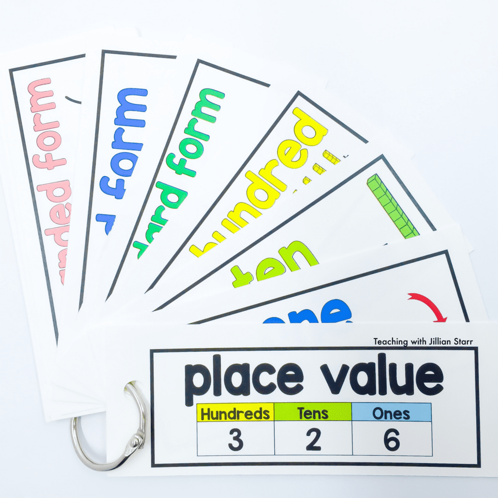 Math Word Wall cards made into personal word wall rings for students to use as individual reference tools in the classroom. This set highlights place value terms for math word wall cards.