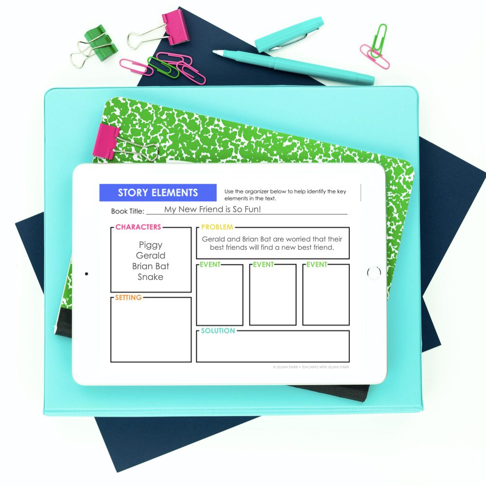 Story Elements Graphic Organizer, perfect to use with ANY text. Includes characters, problem, solution, setting and events.