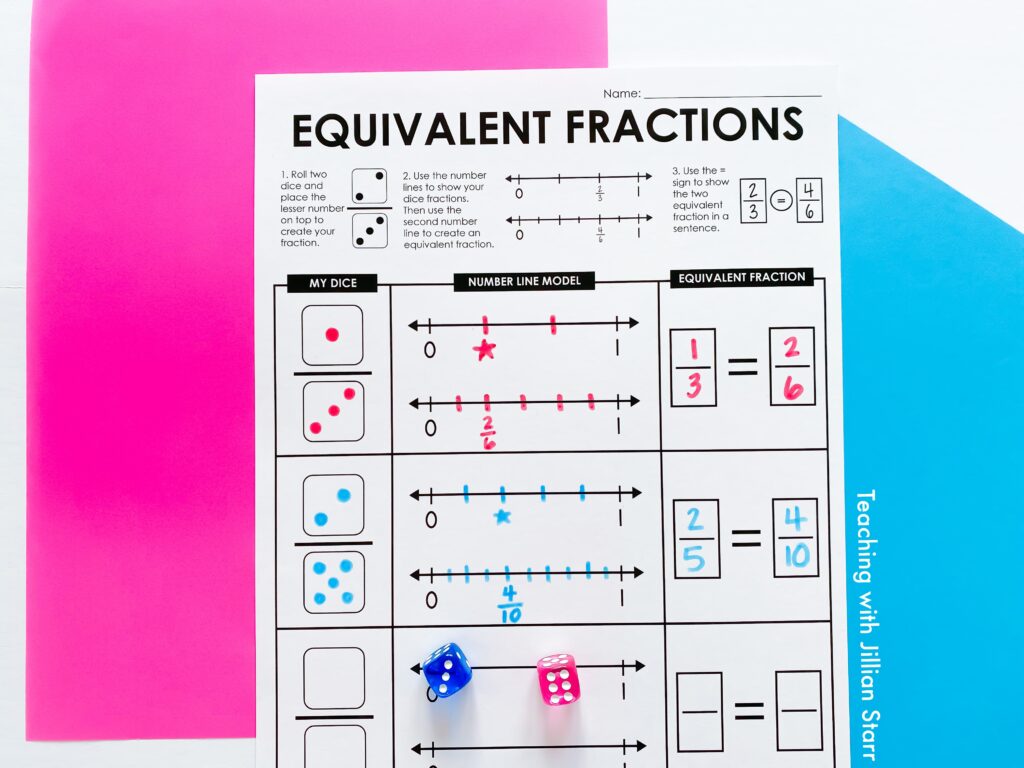 Finding equivalent fractions by partitioning number lines.