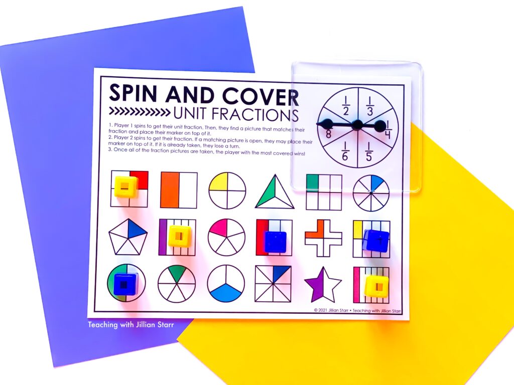 Unit Fraction Spin & Cover Game to teach unit fractions in third grade