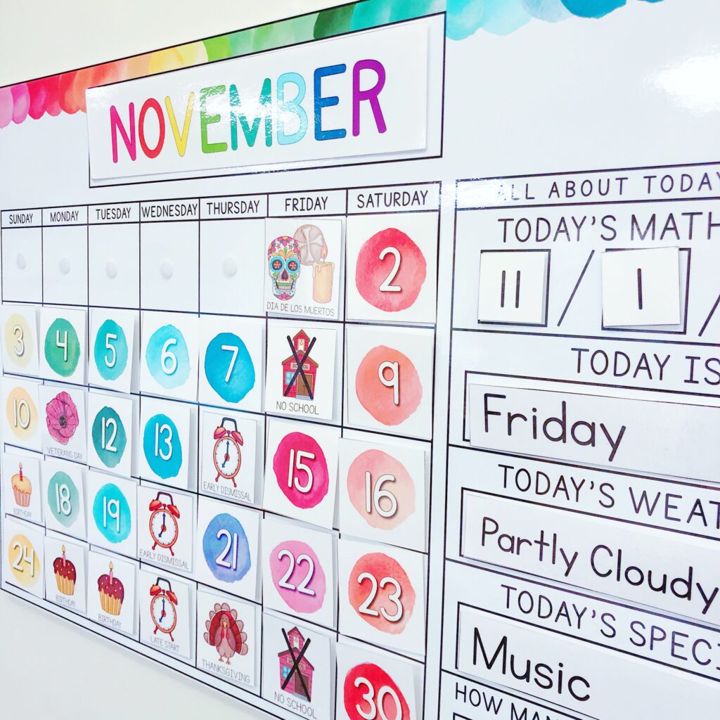 Watercolor calendar for elementary classrooms. 