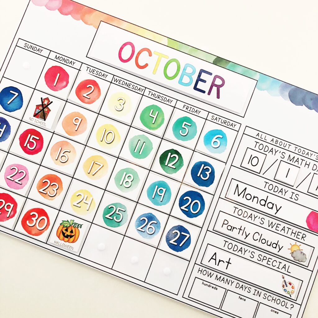 October watercolor calendar tracking days in school.