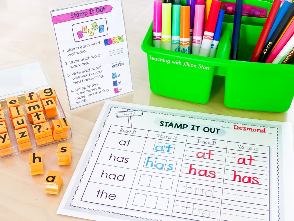 Stamp it out literacy center with visual supports