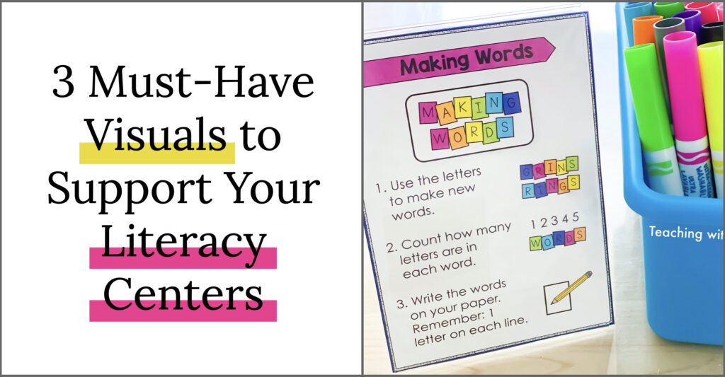 Three must-have visuals to support literacy centers. Visual directions explaining elementary center work.