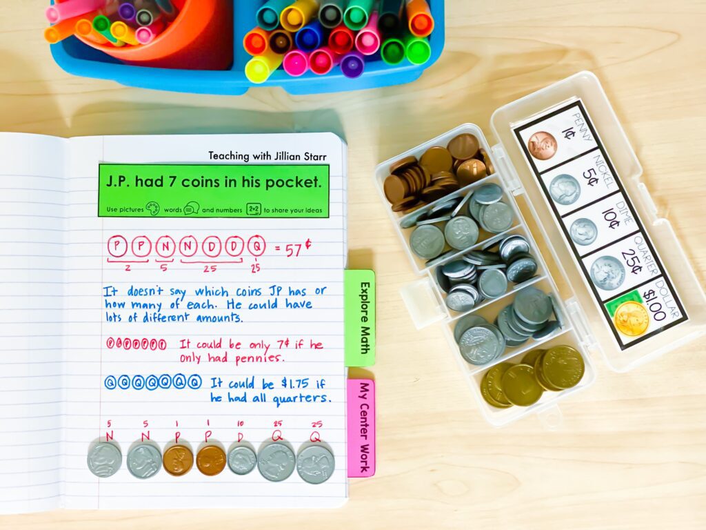 Math journal, coins, and student work supplies for elementary classroom.