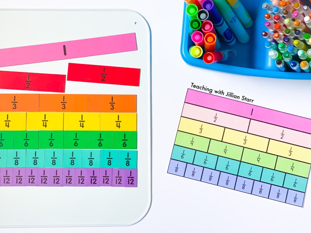 Fraction tile math manipulative for third grade classrooms.