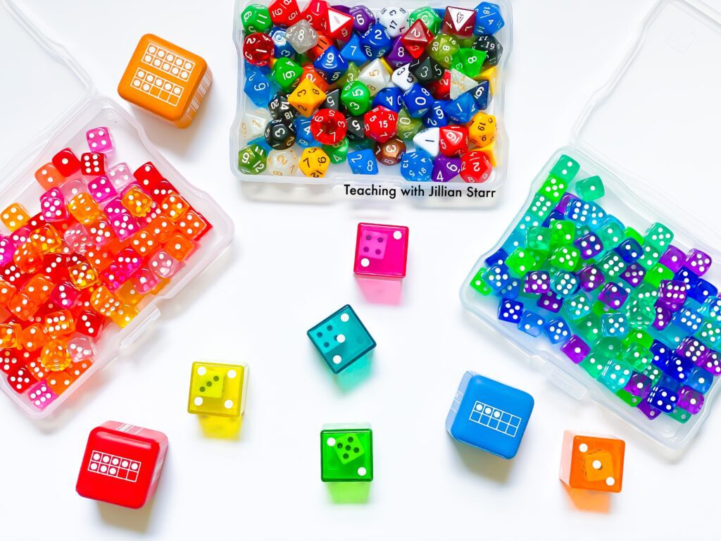 Dice organized as math manipulatives for first grade.