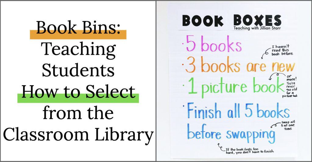 Book Bins: Teaching students how to select from the Classroom Library. Image of anchor chart with Book box rules.