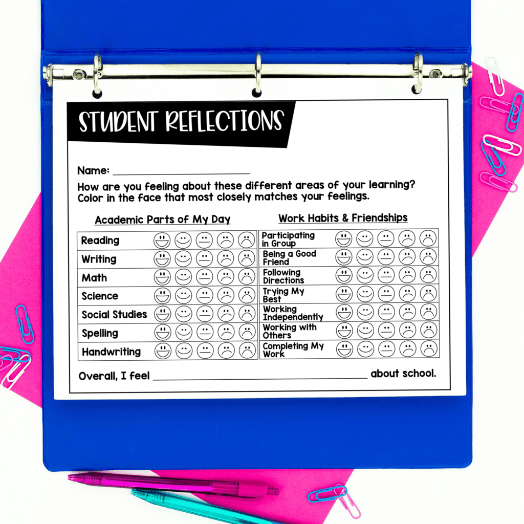 Student reflection sheet with emojis to share at school conferences.