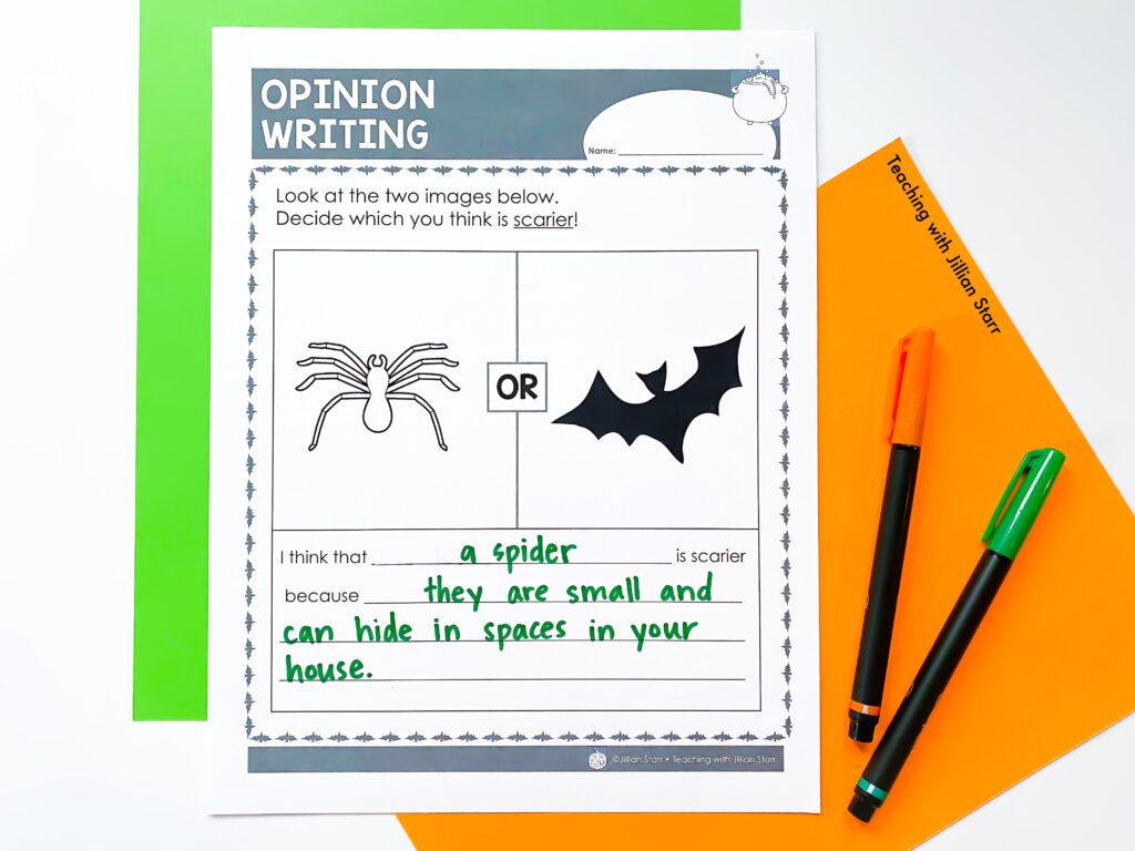 A Halloween Center focused on opinion writing! Students at this center must decide which is scarier: a spider or a bat. Then they provide evidence of their claim in the space below.