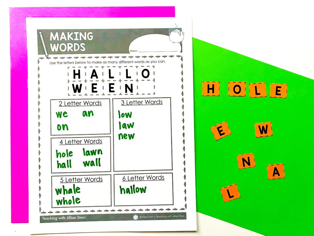 Making words center using the letters from Halloween. A variety of words have been created by rearranging the letters.