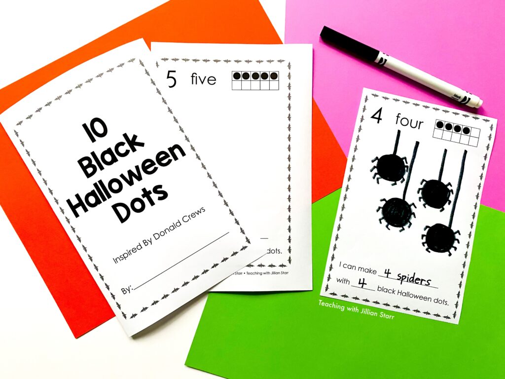 A favorite Halloween center that focuses on early number sense and art. Using the book 10 Black Dots by Donald Crews for inspiration, students create their own "10 Black Halloween Dots."