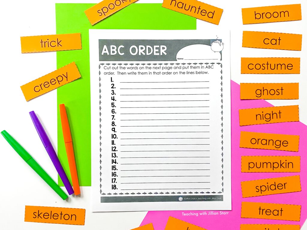 A Halloween Center focused on Halloween words and placing them in ABC order.