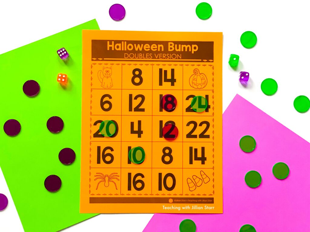 Math Halloween Center showing the game BUMP, with counters and dice.