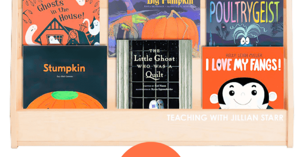 bookshelf with 13 halloween picture books for read alouds
