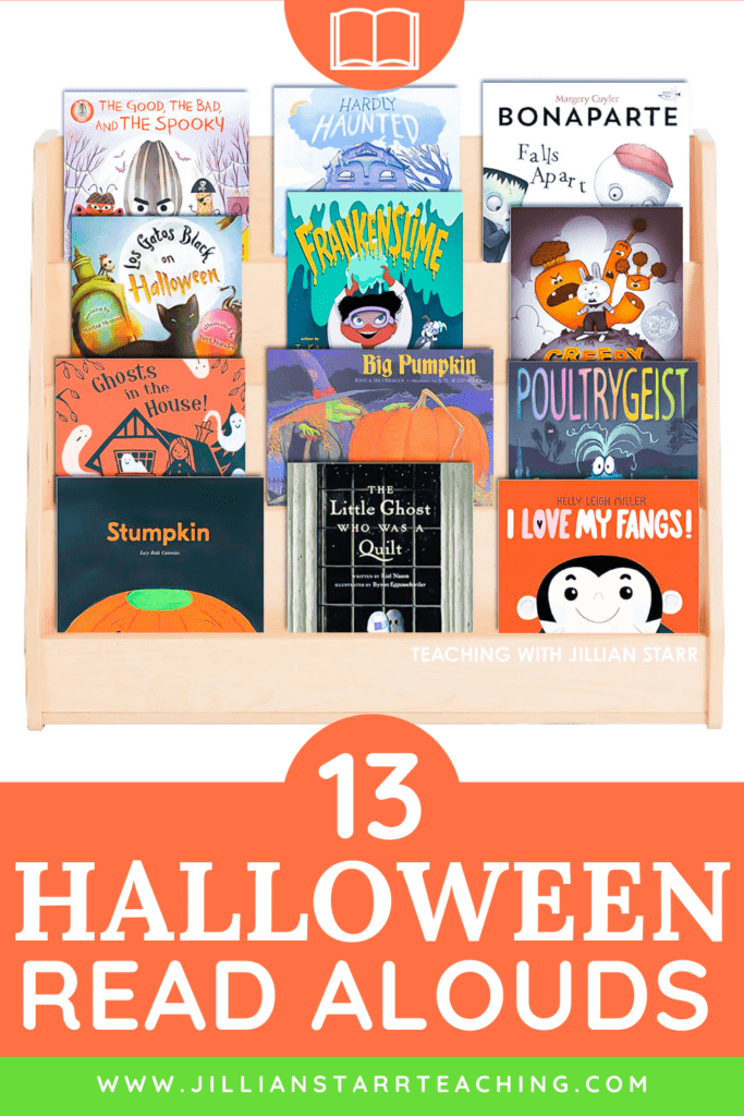 bookshelf with 13 halloween picture books for read alouds