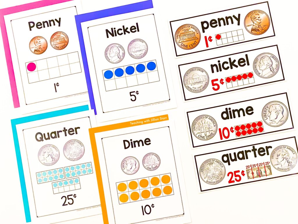 Use clear visuals like posters and math word wall cards to teach coins. I prefer ones that include the name, image, value and value shown on a ten-frame.