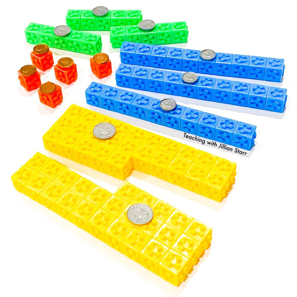 teaching coins with these great math manipulatives where the Coin values shown with snap cubes and coin glued to the top.