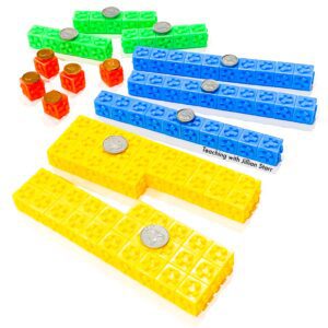 teaching coins with these great math manipulatives where the Coin values shown with snap cubes and coin glued to the top.
