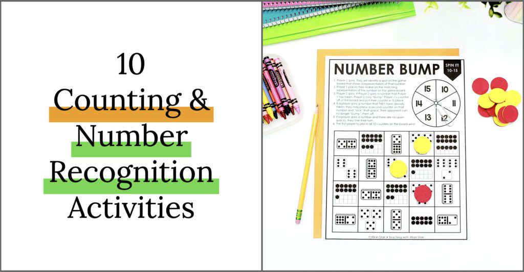 10 Counting and Number Recognition Activities with photo of Number Bump game that highlights subitizing numbers 1-20