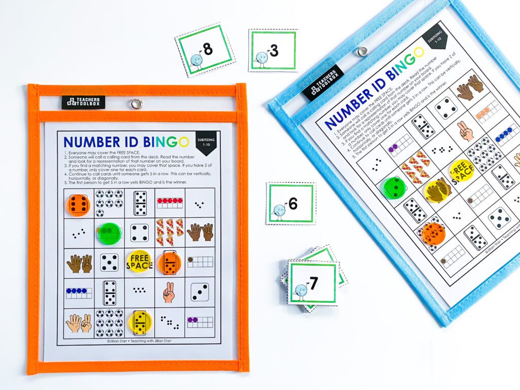 Number Identification Bingo focuses on Number ID and counting. There are visual representations of numbers 1-10 with dice, pictures, dominoes, fingers, ten frames and dot arrangements.