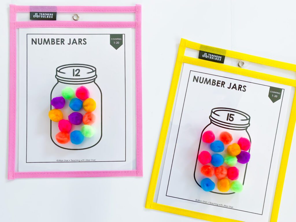 Counting Number Jars: Students choose a jar, and then fill the jar with that amount using any items. In this case, the student is using pom-poms.