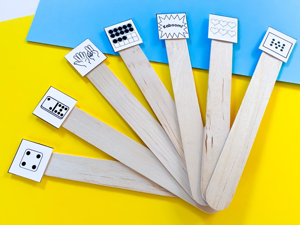Kaboom is one of the best center games there is! This version is for counting and number recognition. It shows images on popsicle sticks such as dice, dominoes, fingers, ten frames, images and dot cards.
