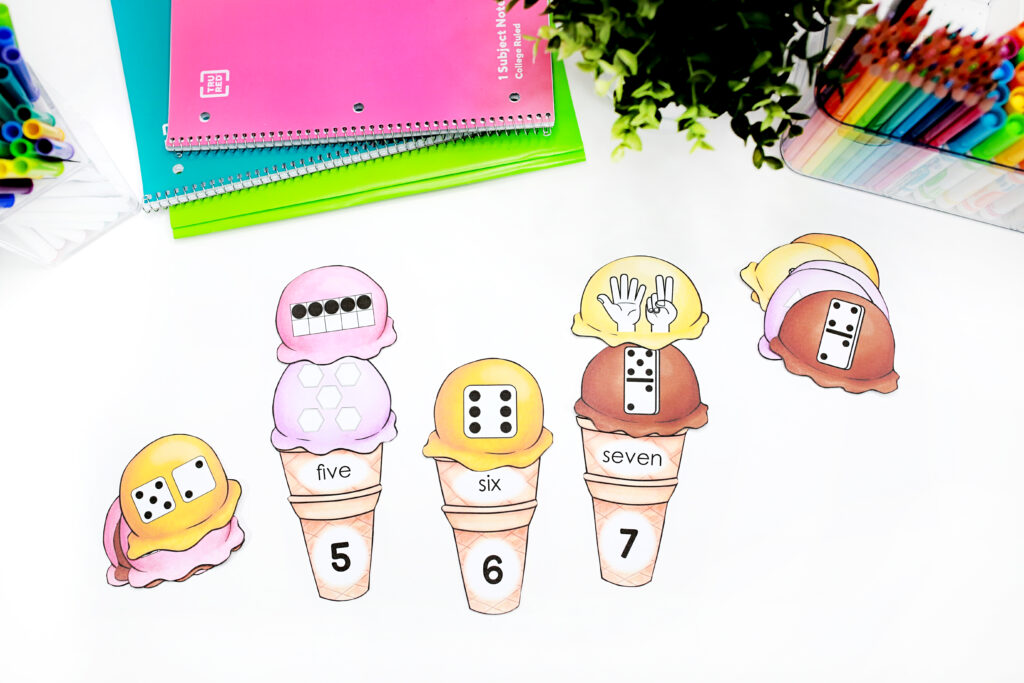 Ice Cream Cone Counting where each scoop shows a different representation of a given number. Students are expected to count or identify the number on each scoop and match them to the corresponding cone.