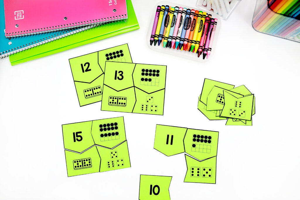 Counting and Number Recognition Puzzles, where there are four parts to each puzzles: the standard form, representation on a ten frame, domino and then dice.