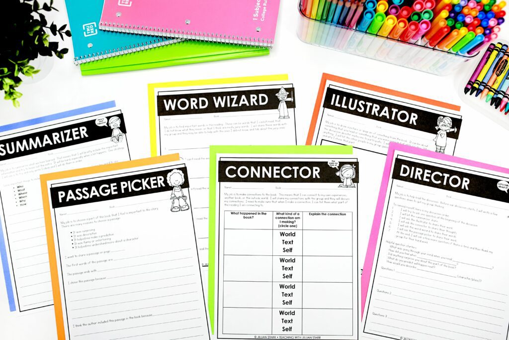 Literature Circles Role Sheets. Each Role worksheet describes the responsibilities and expectations of that role. Shown are Summarizer, Passage Picker, Word Wizard, Connector, Illustrator and Director recording pages.
