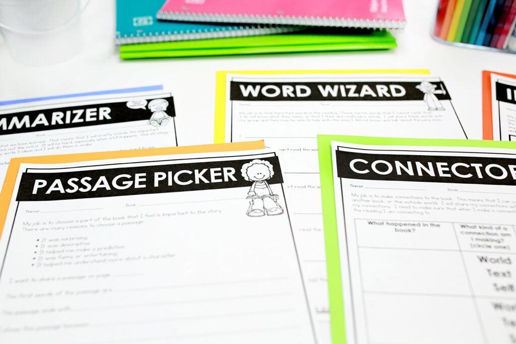 Literature Circles role worksheets. Each role has a different recording page to keep track of their work and responses. Each page also has a summary of the role's responsibilities at the top. Shown are the passage picker, word wizard, summarizer and connector.