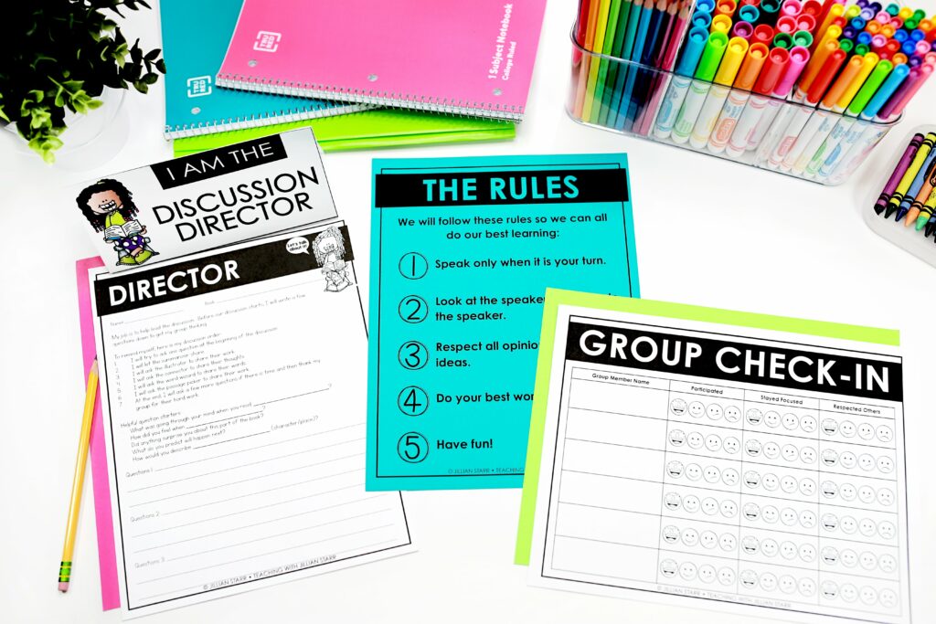 Literature Circles role worksheet, the rules and group expectations poster, as well as a group check-in reflection form.