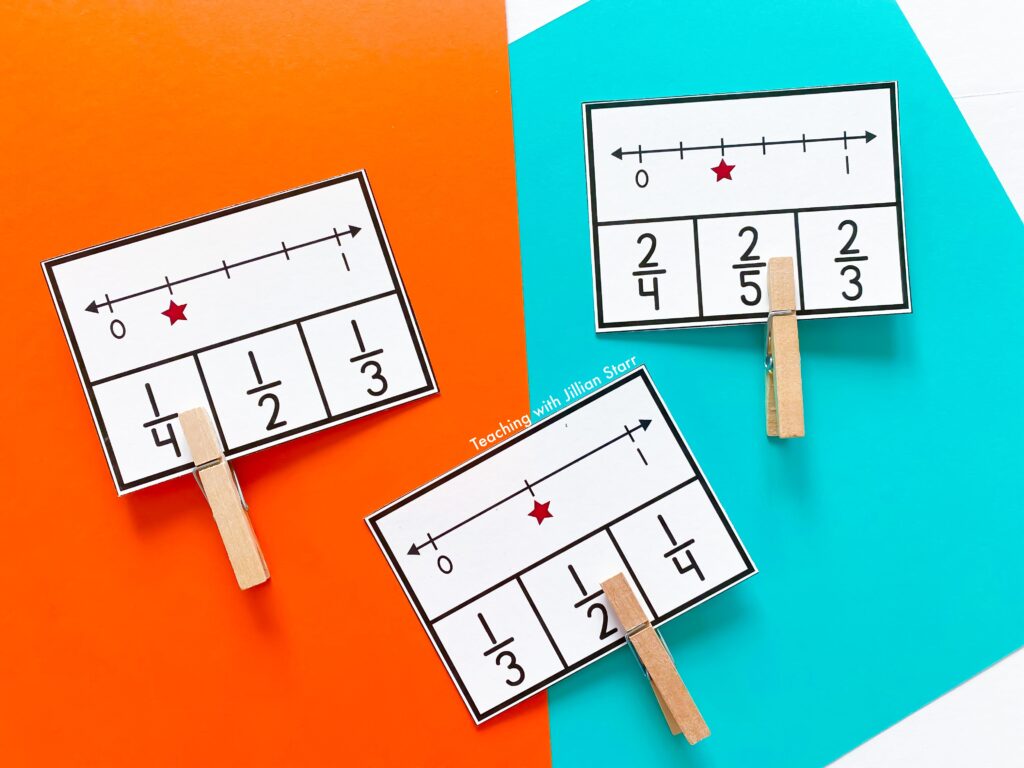 Fractions on a number line clip cards, where there is a number line with empty tick marks. Students must select the correct fraction from the choices listed and mark them with a clothes pin.