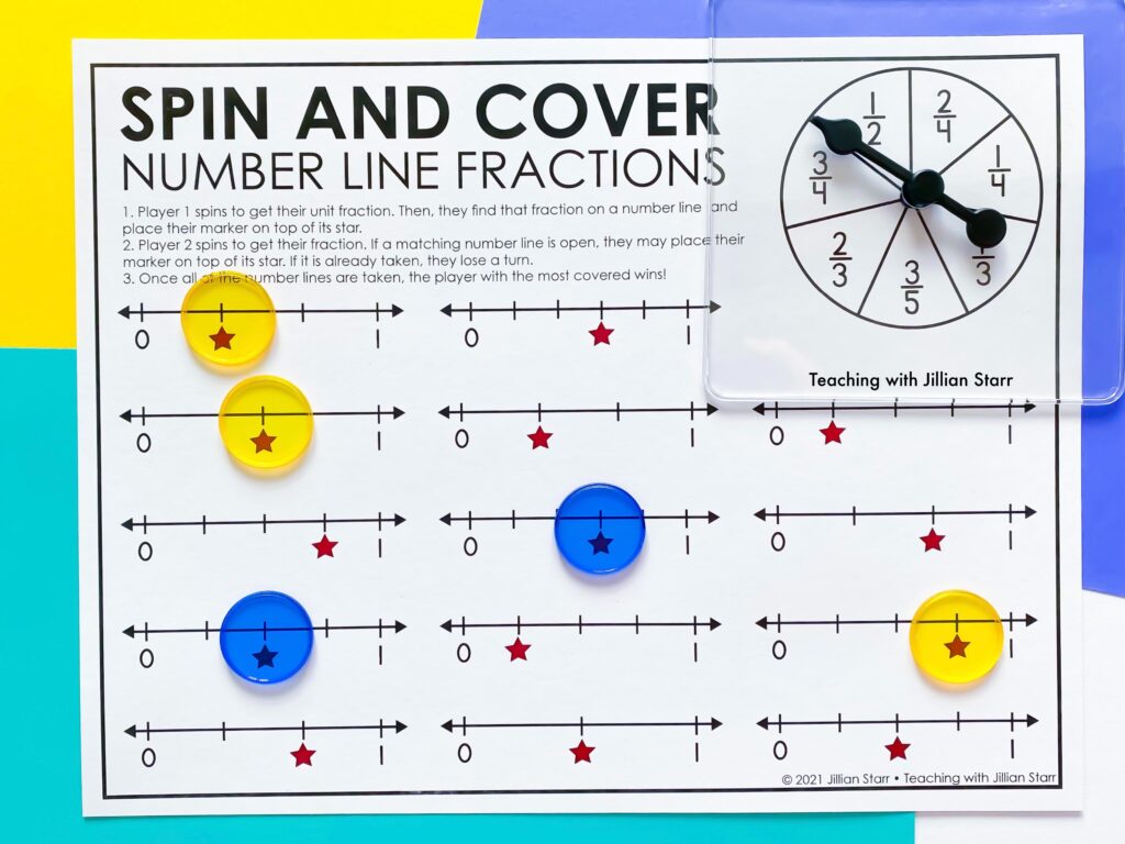 Fraction Spin and Cover is a class favorite! Using a fraction spinner, students match the fraction to the correct number line.