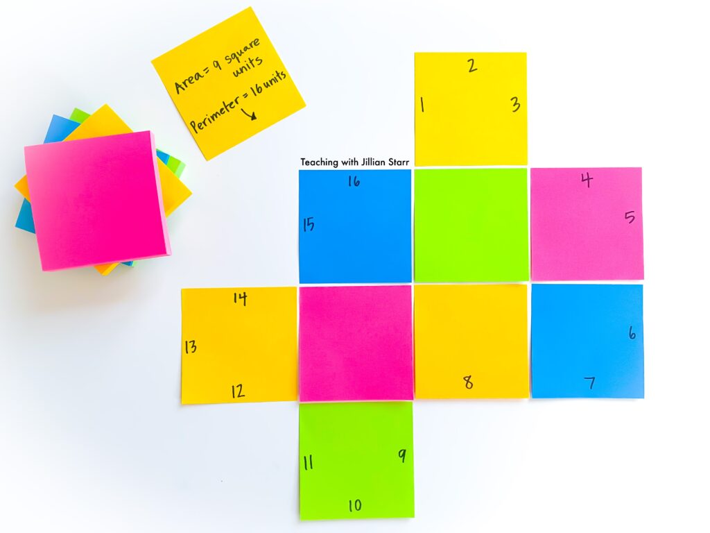 square post-it notes are a wonderful manipulative to teach area and perimeter. In this photo, nine square post-it notes are configured and the area and perimeter of that configuration are marked.