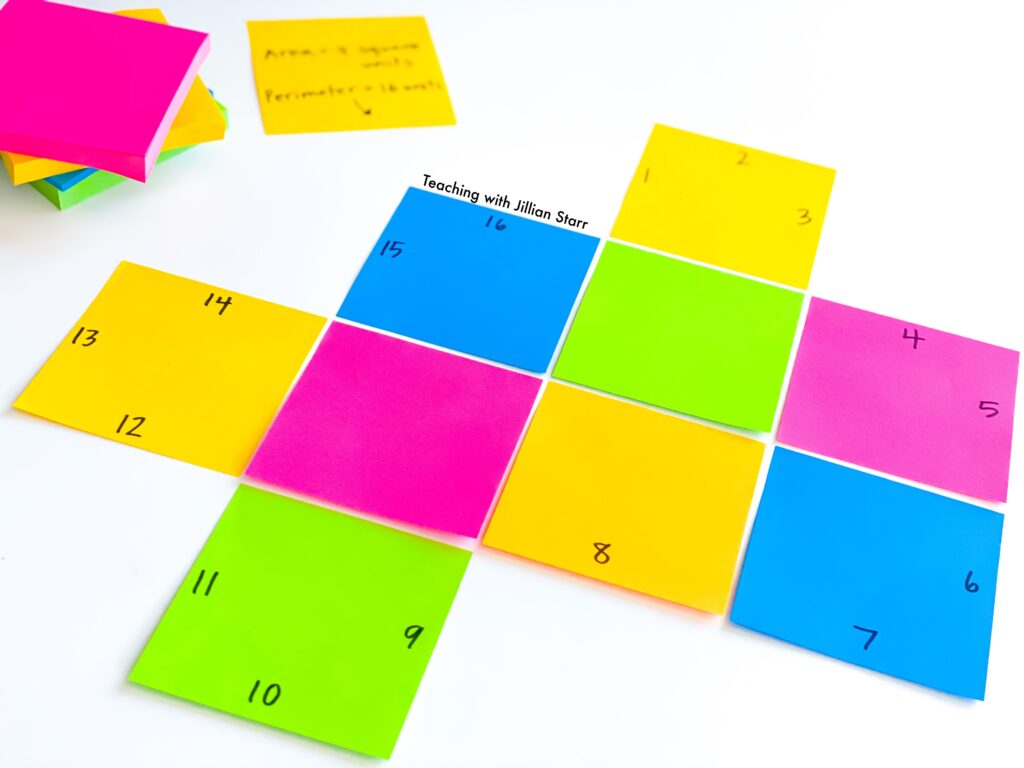 square post-it notes are a wonderful manipulative to teach area and perimeter. In this photo, nine square post-it notes are configured and the area and perimeter of that configuration are marked.