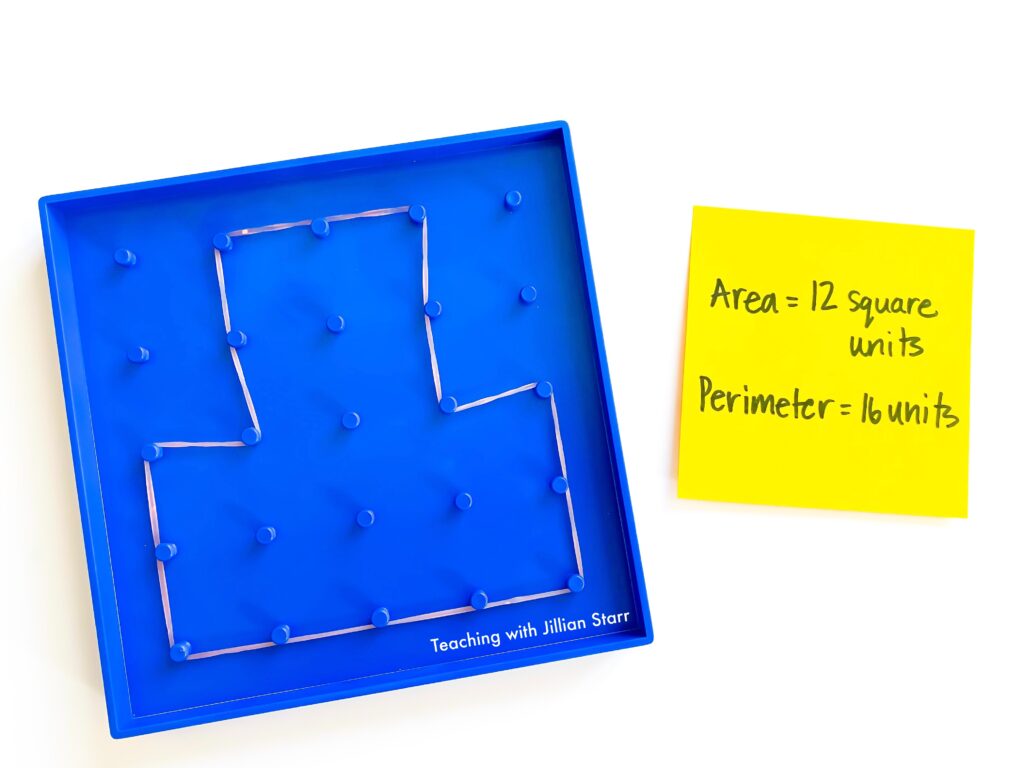 Geoboards are a great tool to teach area and perimeter. This geoboard is showing a shape with vertical and horizontal lines. There is a post-it note next to it noting its area and perimeter.